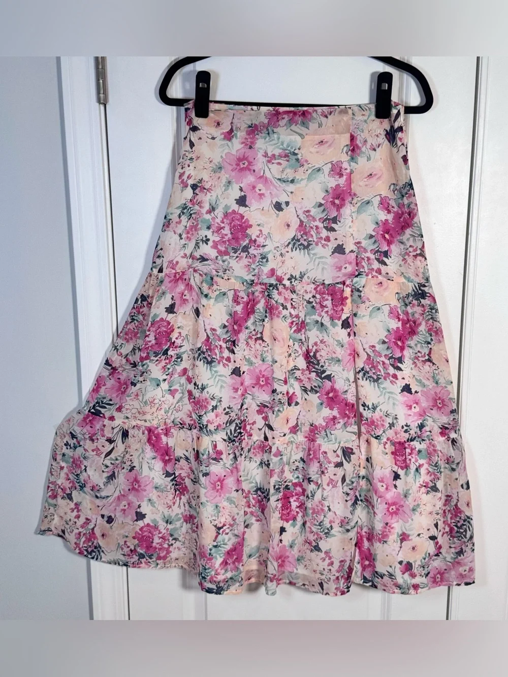 En Saison Fleur Midi Skirt M Free People Pink Floral Tiered Cottagecore Romantic